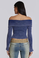 Tribeca Blue Ribbed Off The Shoulder Knit - TEVQA