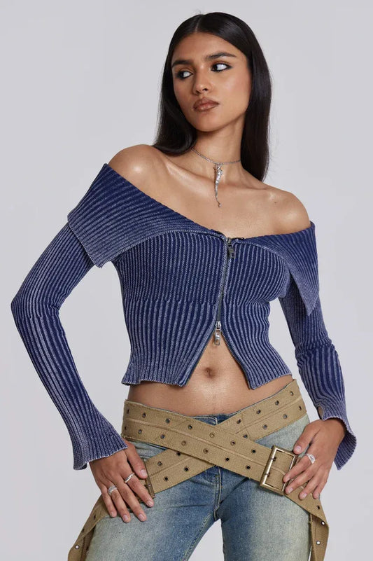 Tribeca Blue Ribbed Off The Shoulder Knit - TEVQA