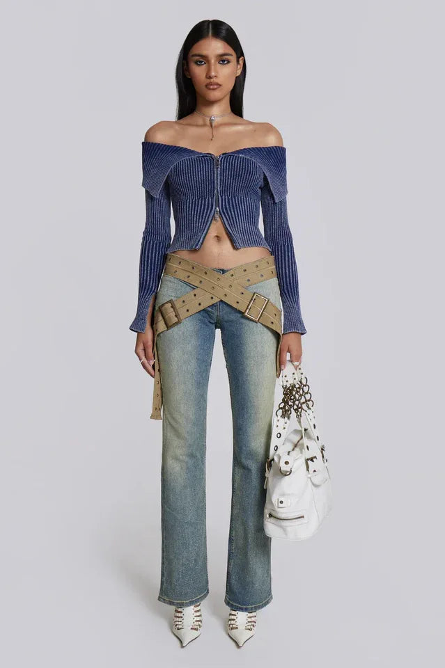 Tribeca Blue Ribbed Off The Shoulder Knit - TEVQA