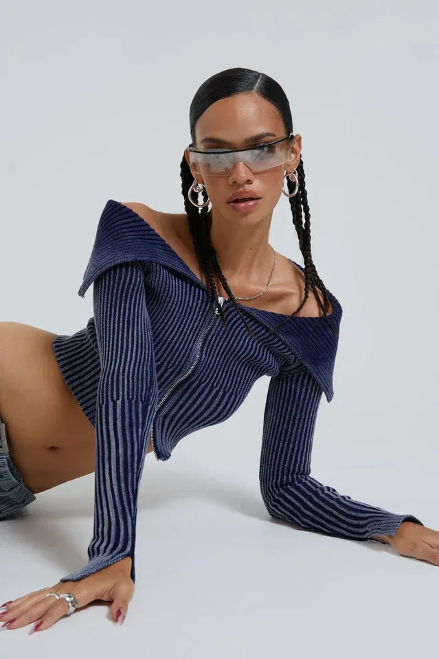 Tribeca Blue Ribbed Off The Shoulder Knit - TEVQA