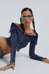 Tribeca Blue Ribbed Off The Shoulder Knit - TEVQA