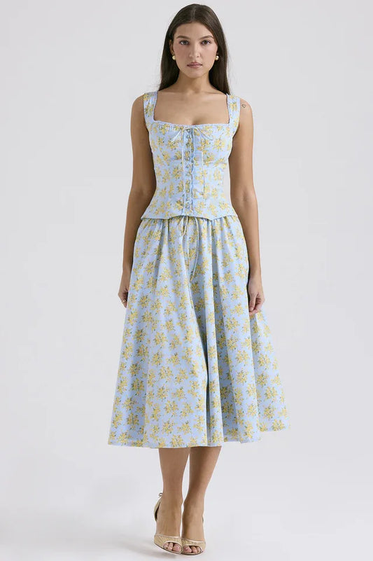 Vintage Floral Print Top + Skirt Set - TEVQA