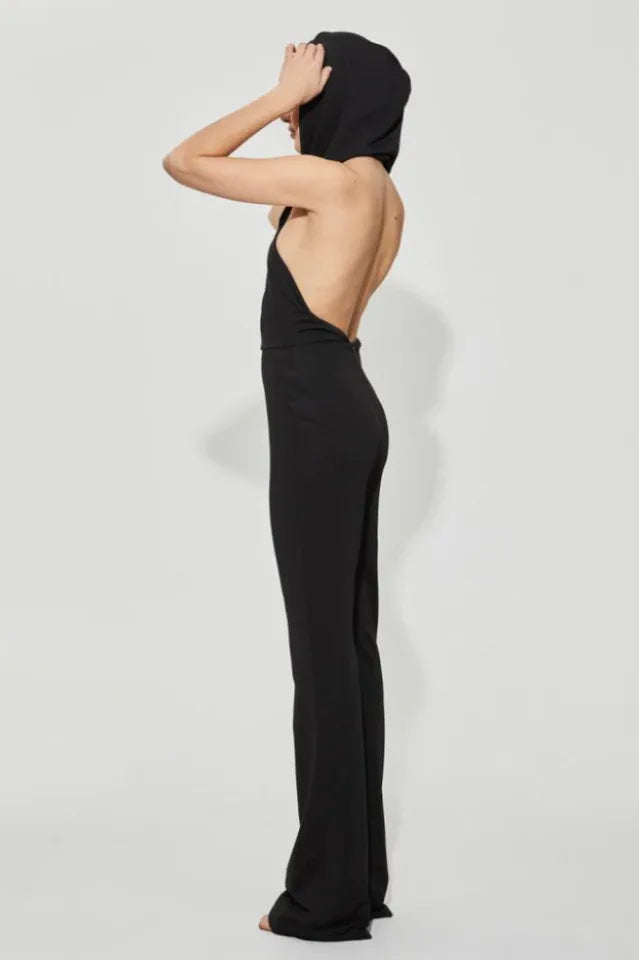 Backless Hooded Jumpsuit With Slip Pockets - TEVQA