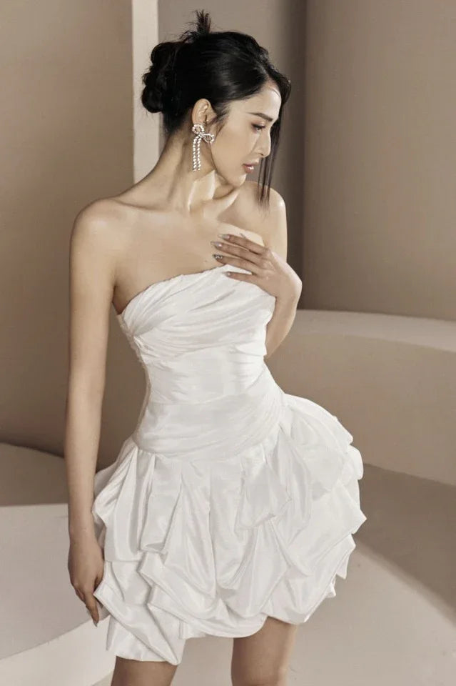 Strapless ruched satin mini dress with bubble hem - View 7 | TEVQA
