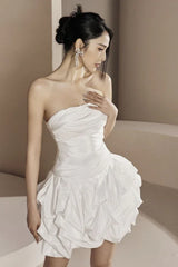 Strapless ruched satin mini dress with bubble hem - View 7 | TEVQA