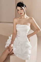 Strapless ruched satin mini dress with bubble hem - View 8 | TEVQA