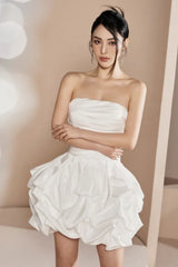 Strapless ruched satin mini dress with bubble hem - View 6 | TEVQA