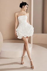Strapless ruched satin mini dress with bubble hem - View 9 | TEVQA