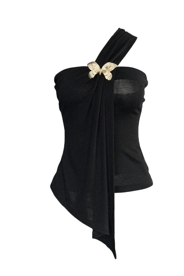 Black one-shoulder draped top with butterfly detail isolated on white background