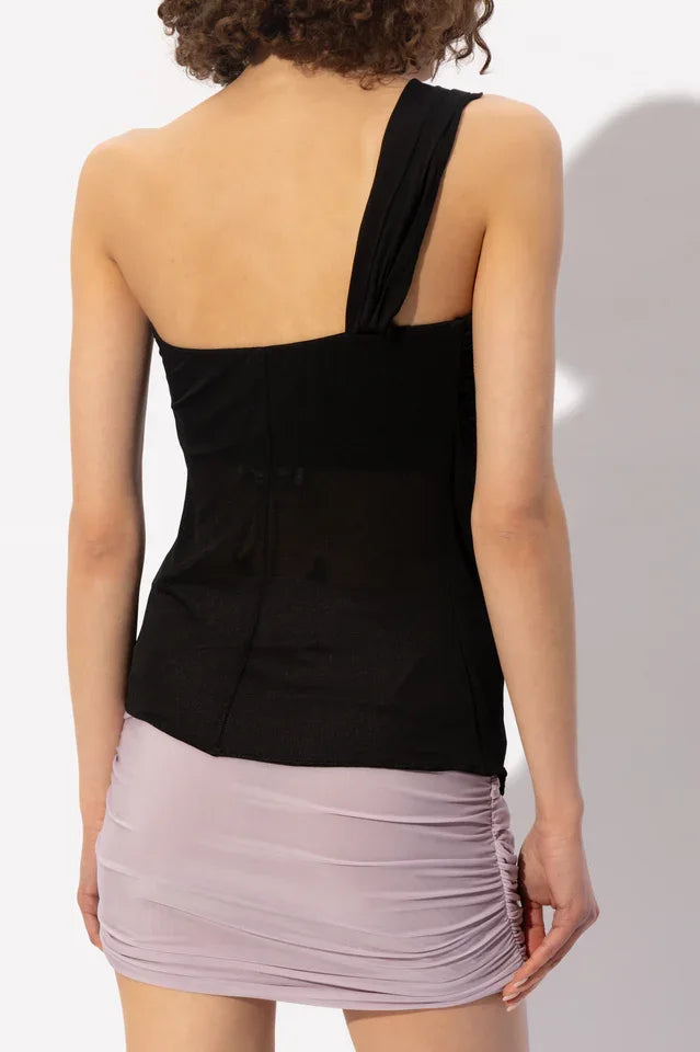 Back view of black one-shoulder draped top with butterfly detail