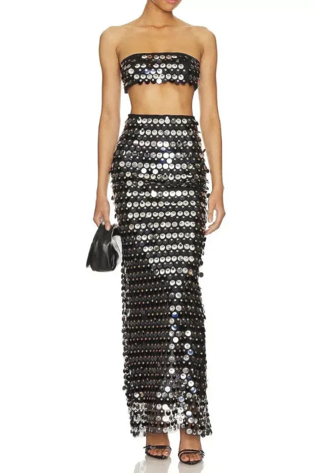 Sequined two-piece set with strapless top and full-length skirt - View 6 | TEVQA