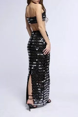 Sequined two-piece set with strapless top and full-length skirt - View 7 | TEVQA