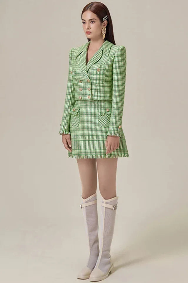 Textured Double Breasted Blazer & Skirt Set - TEVQA