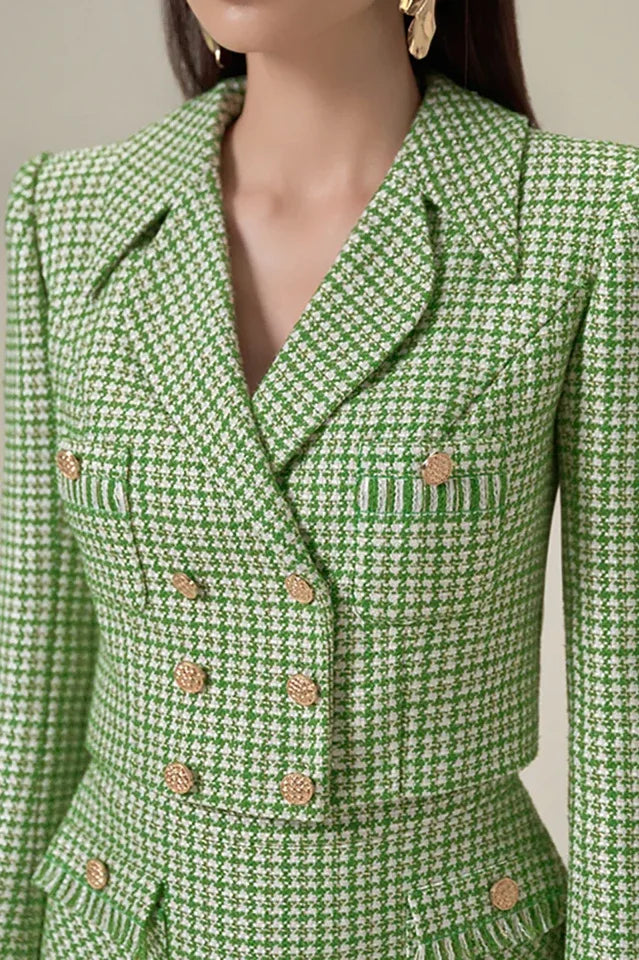 Textured Double Breasted Blazer & Skirt Set - TEVQA