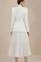 Woman in a white pleated skirt suit from the back