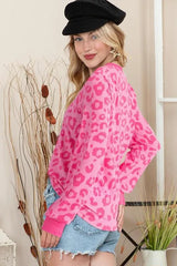 Women’s Pink Leopard Print Long Sleeve Pullover Top - TEVQA