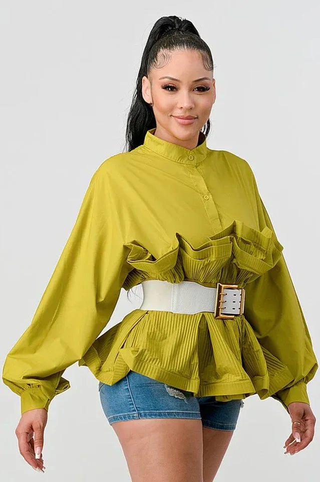 Close-up of the front of a lime green peplum top featuring ruffled detailing and a button-up neckline.