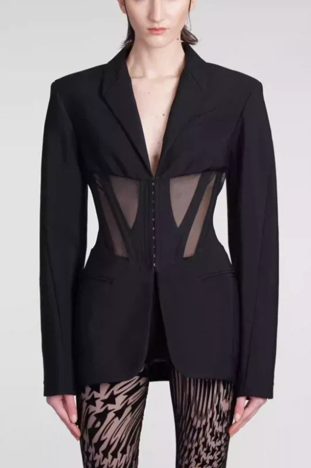 Black fitted blazer with sheer corset detail and notched lapels