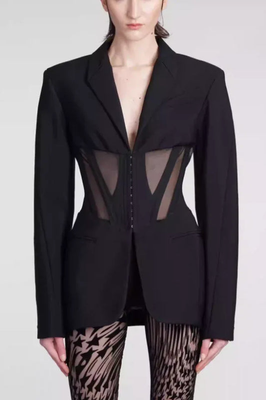 Black fitted blazer with sheer corset detail and notched lapels