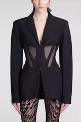 Black fitted blazer with sheer corset detail and notched lapels