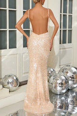 Back view of a woman in a floor-length, sequined mermaid dress with a deep V-back.
