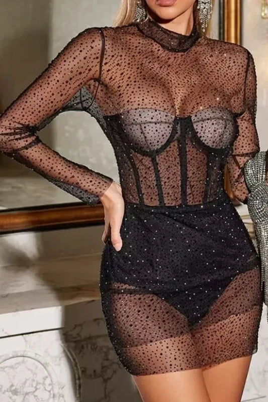 Woman wearing a black sheer long-sleeve dress with sparkle embellishments and a structured bodice.