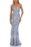Front view of a woman wearing a light blue sequined mermaid prom dress with spaghetti straps and a V-neckline.