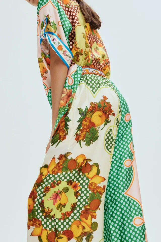 Close-up of the back of a fruit print pajama set, showing the intricate fruit wreath design.