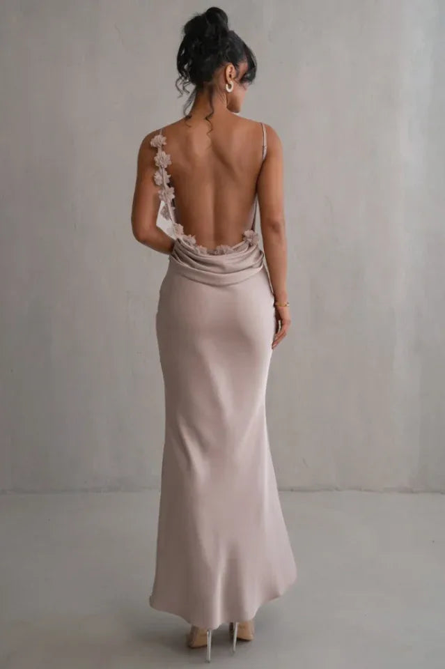 Elegant satin maxi gown with floral trim - View 10 | TEVQA