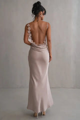Elegant satin maxi gown with floral trim - View 10 | TEVQA
