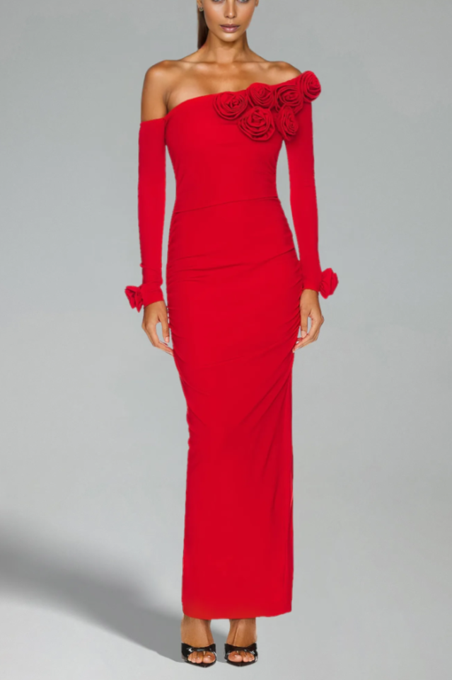 Slanted Shoulder Ruched Rose Flowers Dress | Dress In Beauty