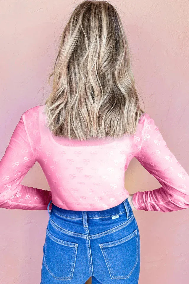 Textured Bow Mesh Long Sleeve Top - View 6 | TEVQA