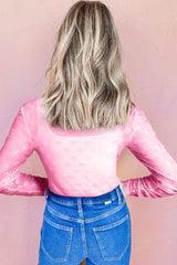 Textured Bow Mesh Long Sleeve Top - View 6 | TEVQA
