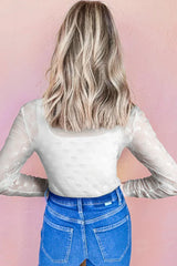 Textured Bow Mesh Long Sleeve Top - View 8 | TEVQA