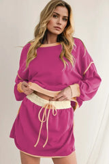 Forest green contrast trim pullover and skort set - View 7 | TEVQA