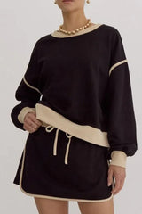 Forest green contrast trim pullover and skort set - View 15 | TEVQA