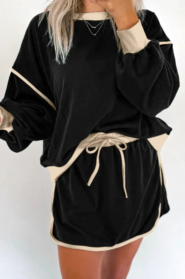 Forest green contrast trim pullover and skort set - View 18 | TEVQA