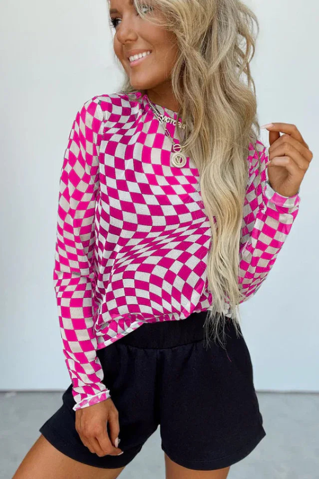 Black and white wavy checkered mesh top - View 10 | TEVQA