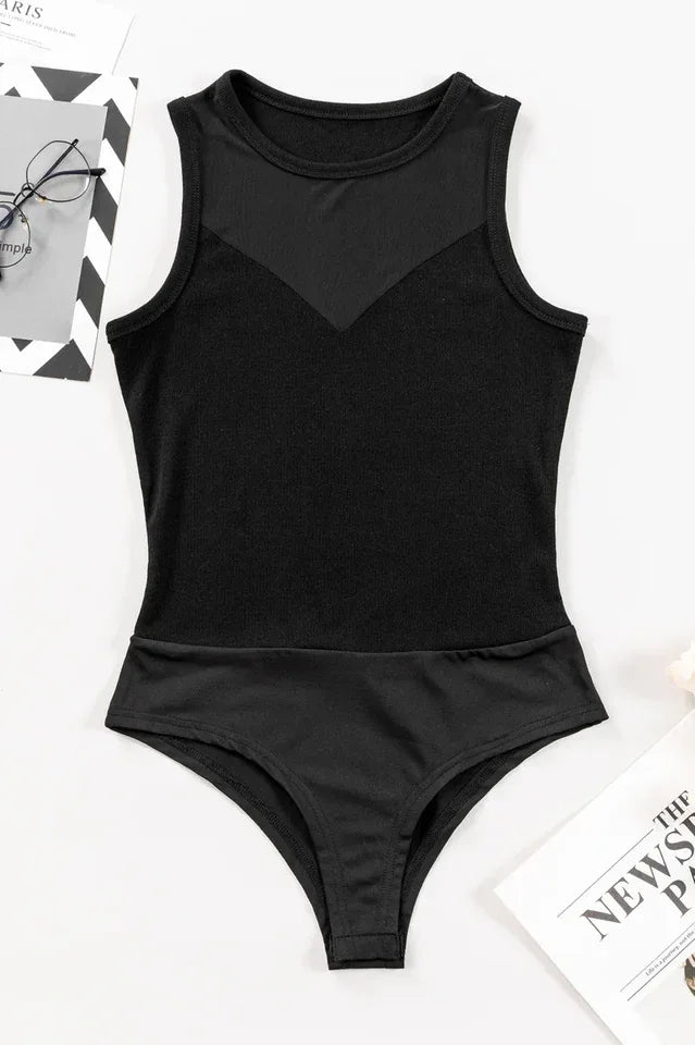 flat lay of a black sleeveless bodysuit with sheer mesh and thong bottom