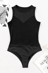 flat lay of a black sleeveless bodysuit with sheer mesh and thong bottom