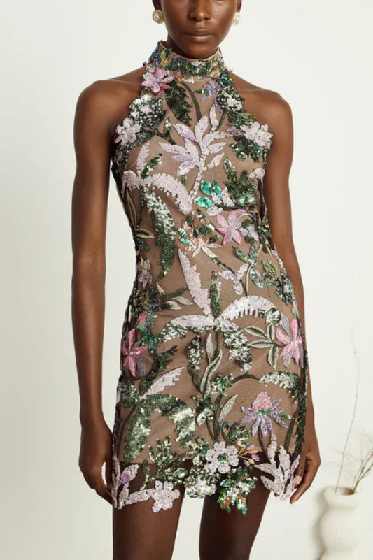 Tropical Floral Embroidered Mini Dress - TEVQA