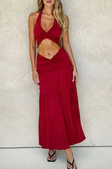 Elegant two-piece maxi skirt set with halter neckline and tiered skirt - View 8 | TEVQA