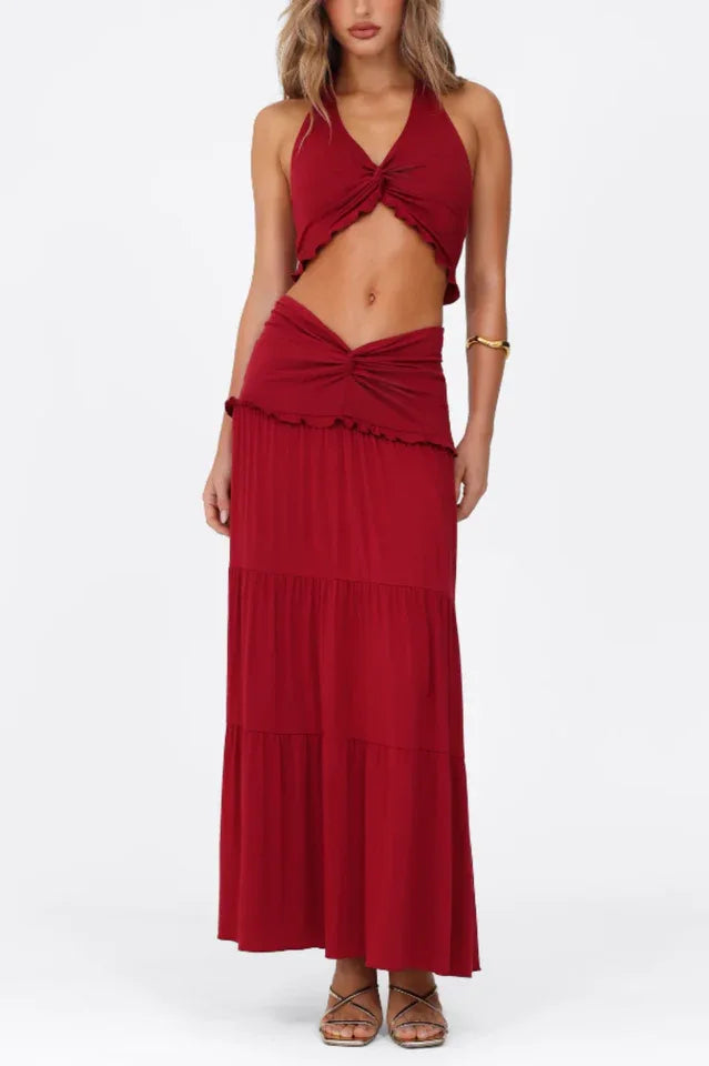 Elegant two-piece maxi skirt set with halter neckline and tiered skirt - View 7 | TEVQA