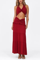 Elegant two-piece maxi skirt set with halter neckline and tiered skirt - View 7 | TEVQA