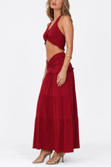 Elegant two-piece maxi skirt set with halter neckline and tiered skirt - View 9 | TEVQA