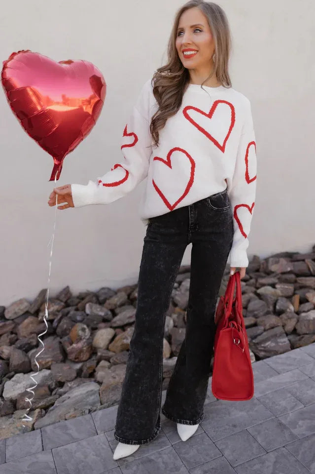 Heart Print Knit Sweater - View 6 | TEVQA