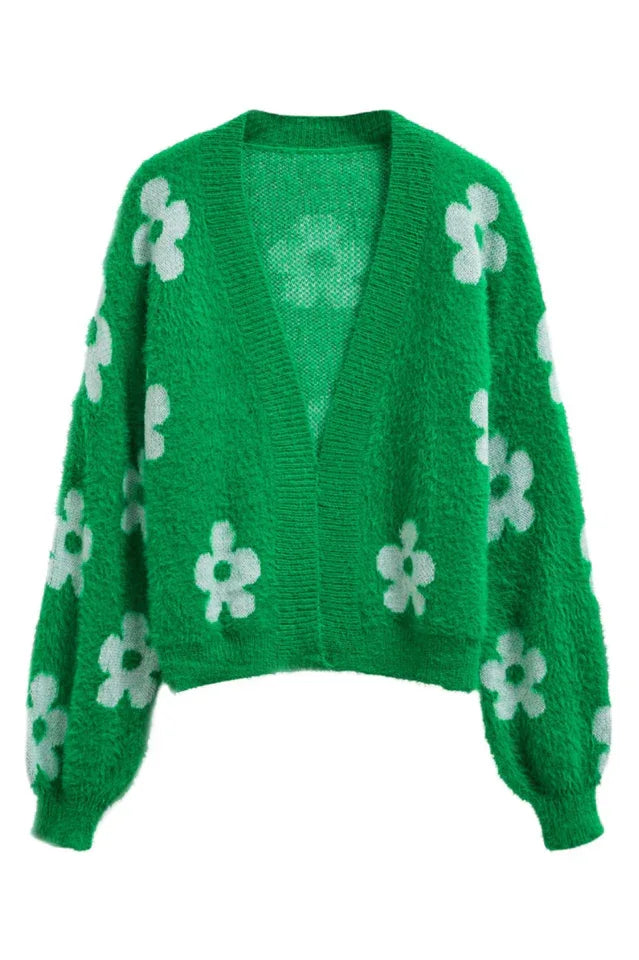 Fuzzy Floral Knit Cardigan - View 26 | TEVQA
