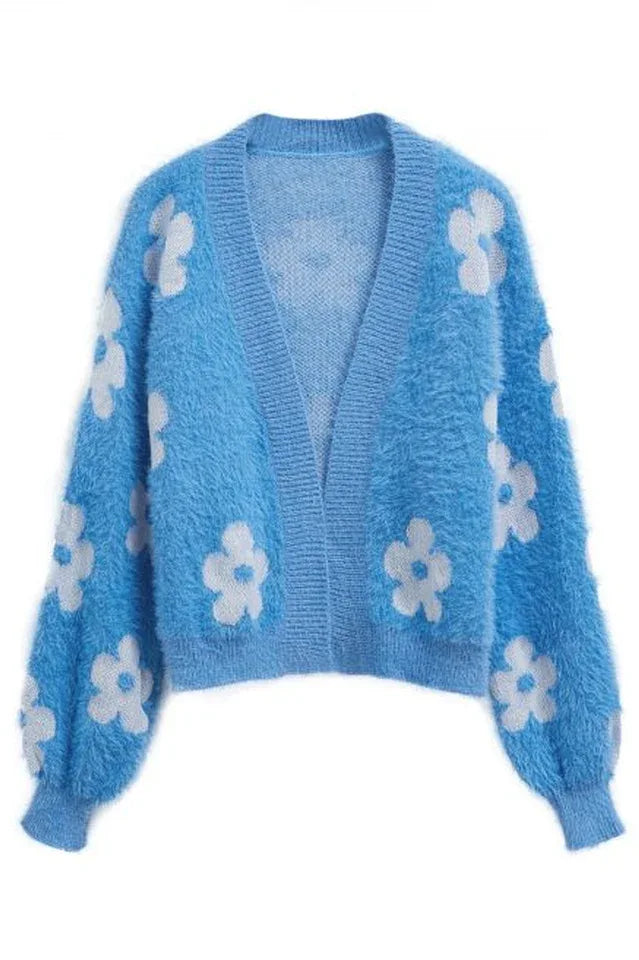 Fuzzy Floral Knit Cardigan - View 11 | TEVQA