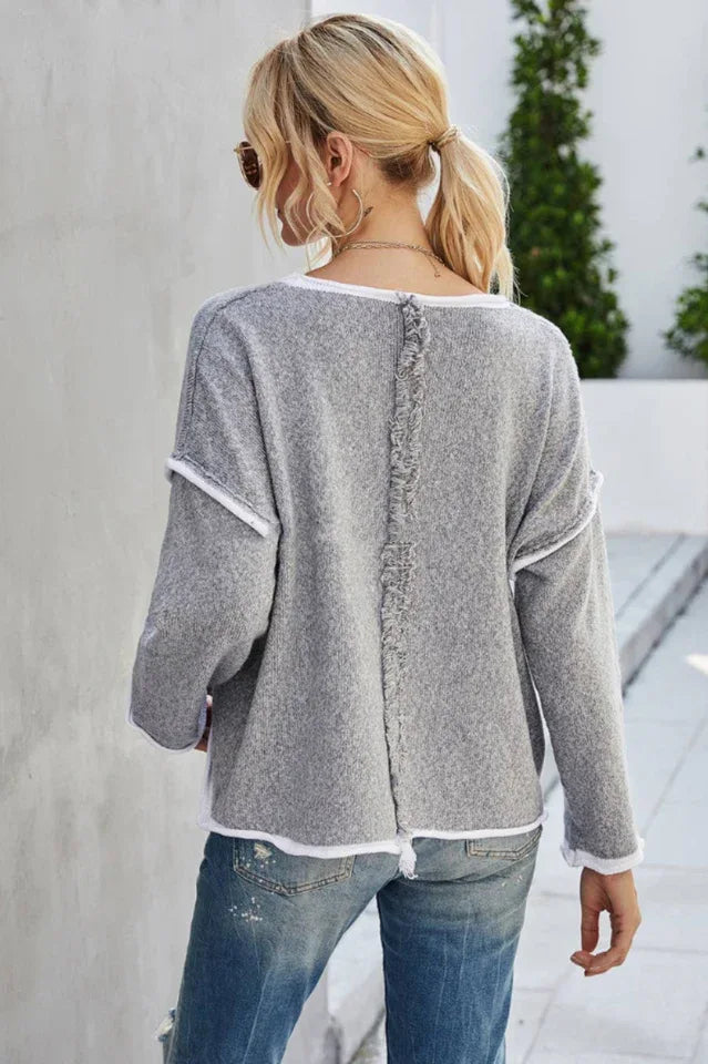 Oatmeal Cream Contrast Trim Fringe Knit Sweater - View 7 | TEVQA