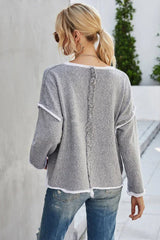 Oatmeal Cream Contrast Trim Fringe Knit Sweater - View 7 | TEVQA